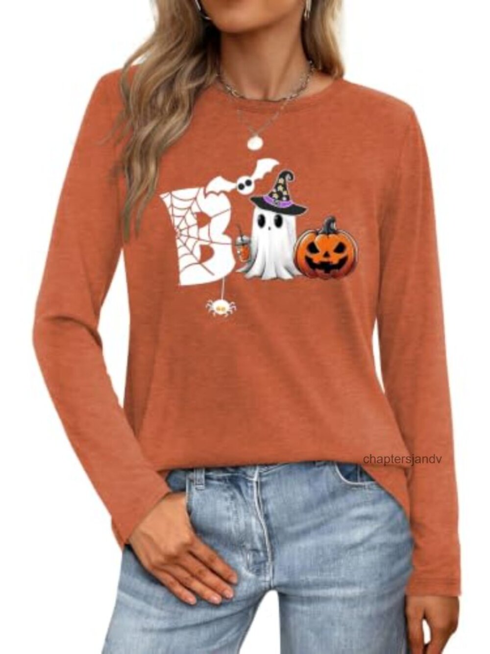 Women's Halloween Boo Ghost Long Sleeve Crew Neck T-Shirt Fall Pullover
